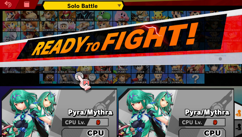 the smash bros character selection screen, with chartreuse on both sides of it (same character, same costume)